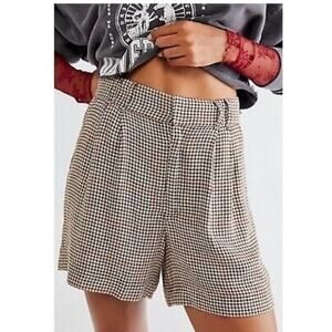 Free People Houndstooth Linen High Rise Shorts Size 2 Tan Brown